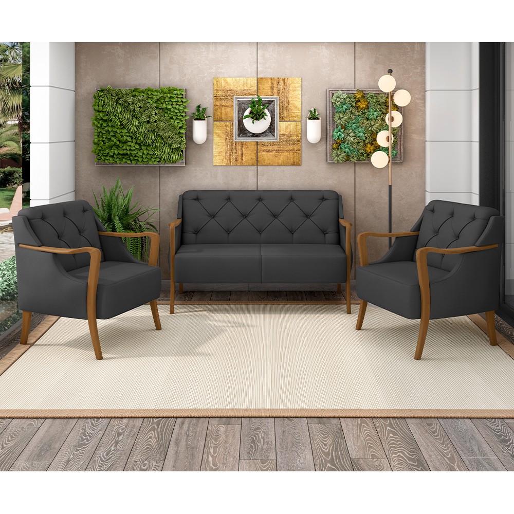 Kit Namoradeira 135cm e 2 Poltronas Decorativas Capitonê Lapa M22 PU Preto - Mpozenato