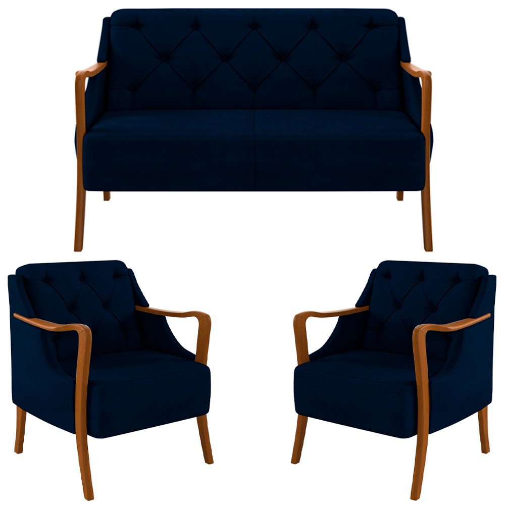 Kit Namoradeira 135cm e 2 Poltronas Decorativas Capitonê Lapa M22 Veludo Azul Marinho - Mpozenato
