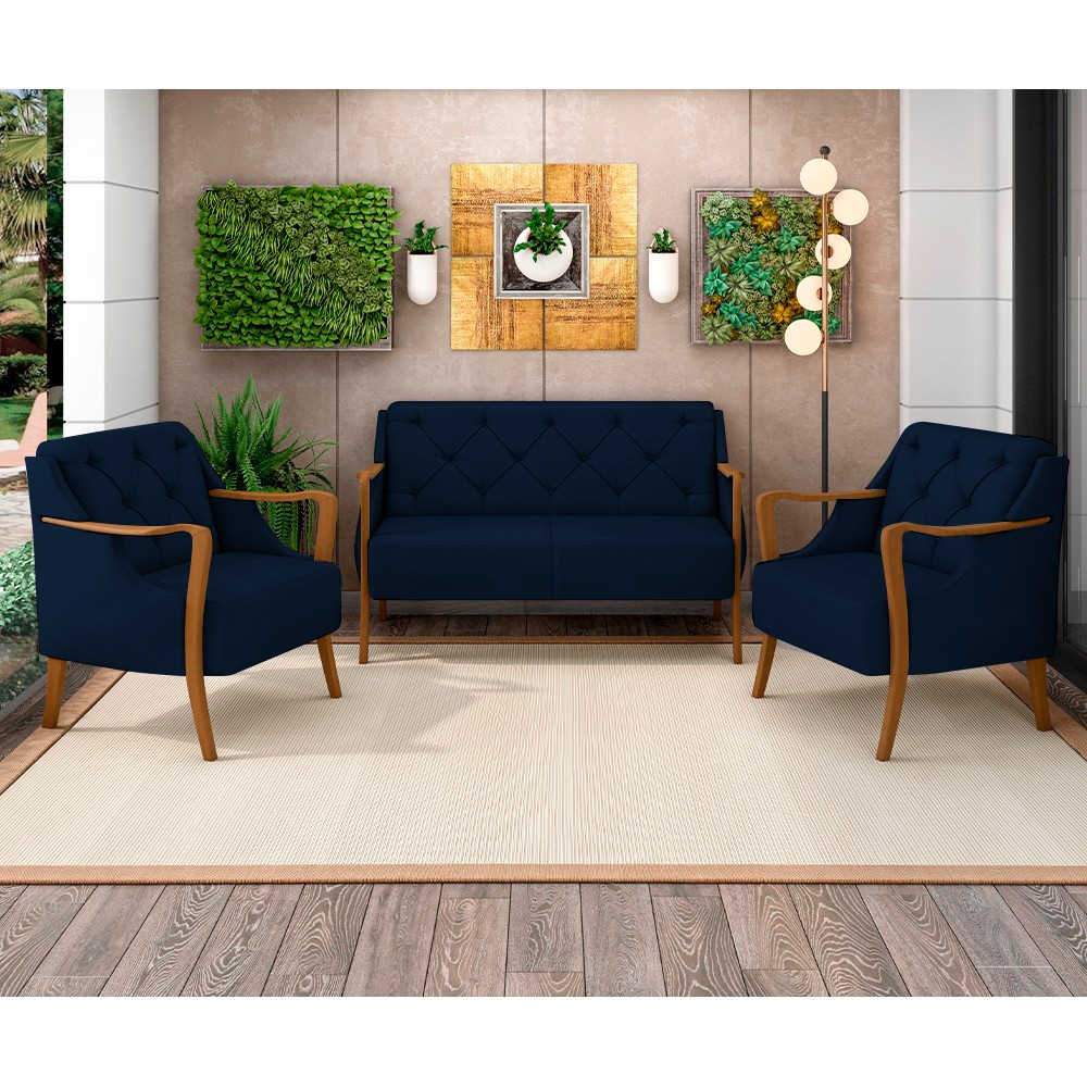 Kit Namoradeira 135cm e 2 Poltronas Decorativas Capitonê Lapa M22 Veludo Azul Marinho - Mpozenato