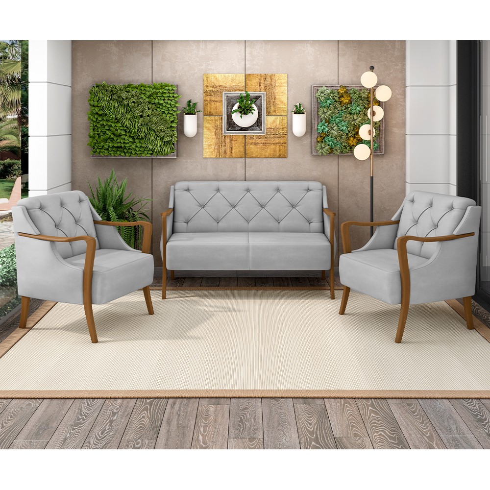 Kit Namoradeira 135cm e 2 Poltronas Decorativas Capitonê Lapa M22 Veludo Cinza - Mpozenato