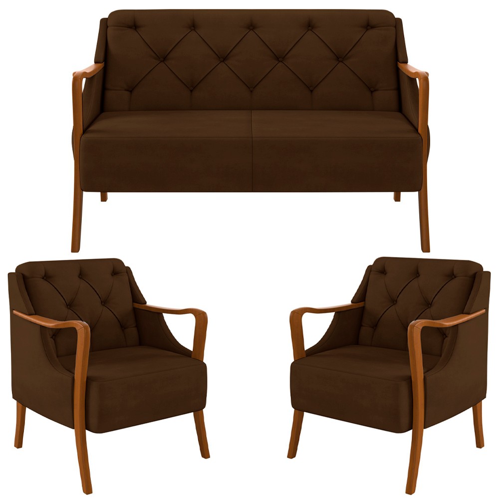 Kit Namoradeira 135cm e 2 Poltronas Decorativas Capitonê Lapa M22 Veludo Marrom - Mpozenato