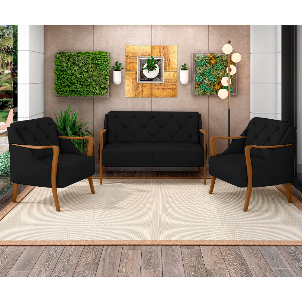 Kit Namoradeira 135cm e 2 Poltronas Decorativas Capitonê Lapa M22 Veludo Preto - Mpozenato