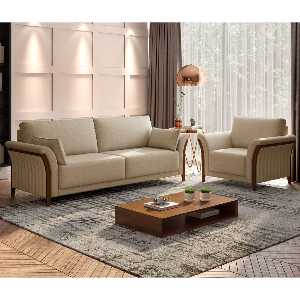 Kit Sofá Living 3 Lugares e Poltrona 102cm Pés Madeira Roya M22 Linho Bege - Mpozenato