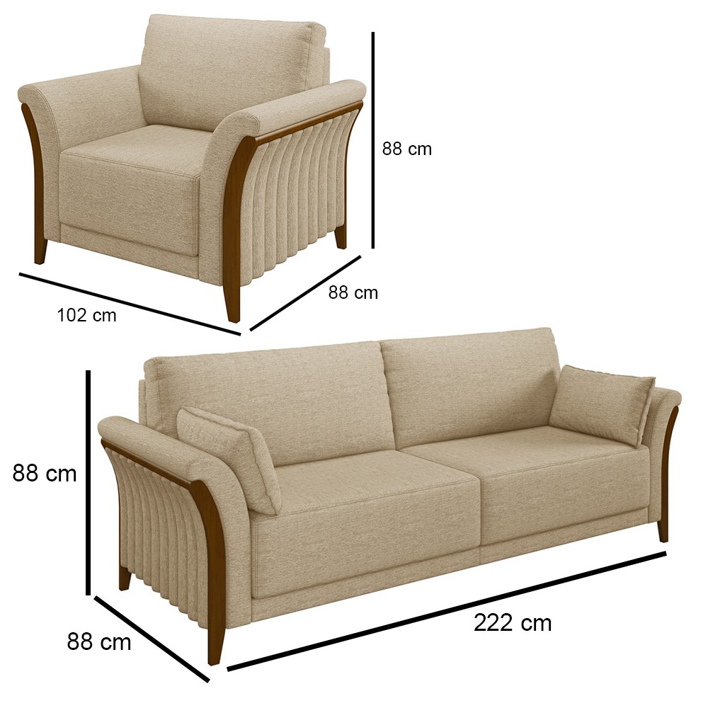 Kit Sofá Living 3 Lugares e Poltrona 102cm Pés Madeira Roya M22 Linho Bege - Mpozenato