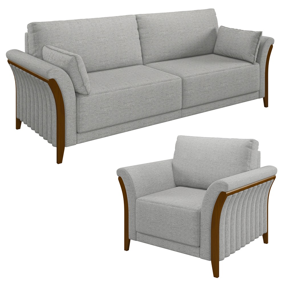 Kit Sofá Living 3 Lugares e Poltrona 102cm Pés Madeira Roya M22 Linho Cinza - Mpozenato