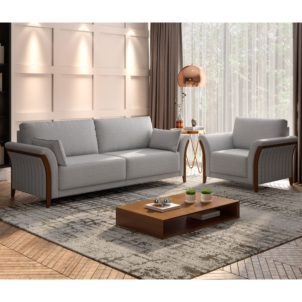 Kit Sofá Living 3 Lugares e Poltrona 102cm Pés Madeira Roya M22 Linho Cinza - Mpozenato