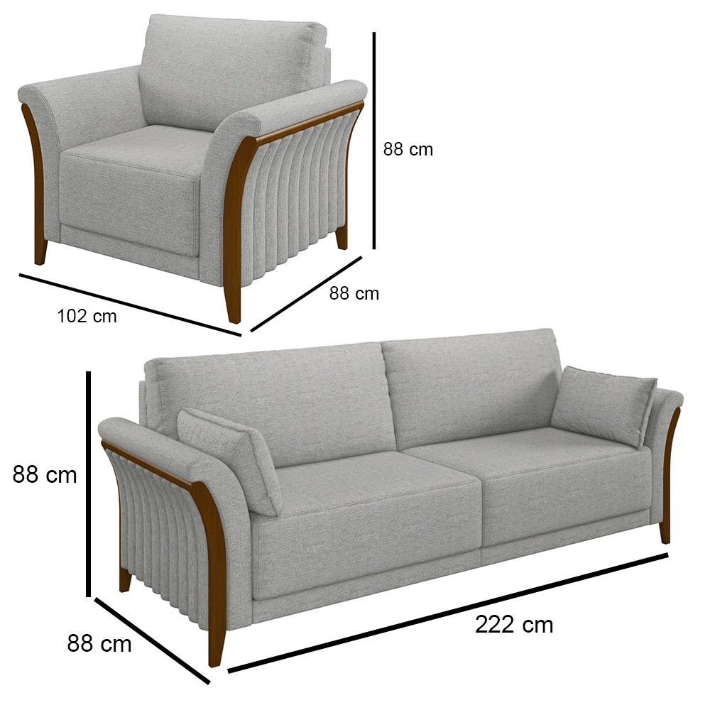 Kit Sofá Living 3 Lugares e Poltrona 102cm Pés Madeira Roya M22 Linho Cinza - Mpozenato