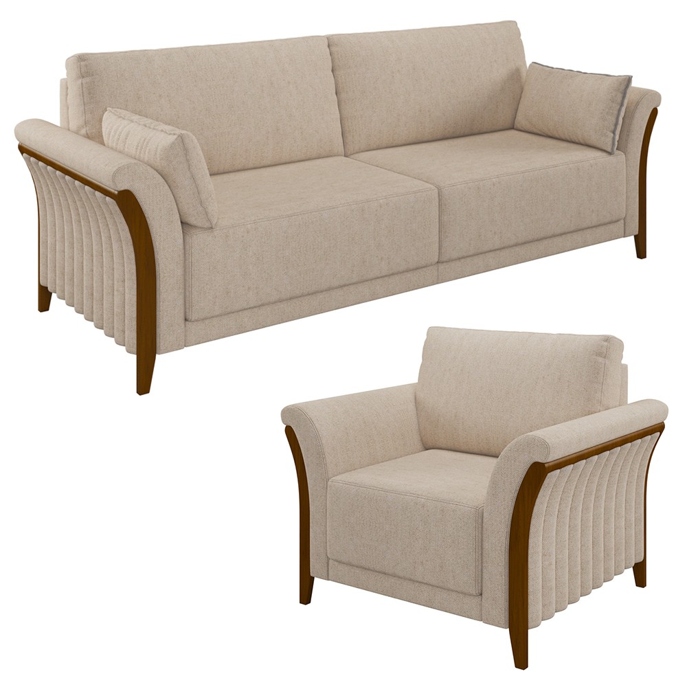 Kit Sofá Living 3 Lugares e Poltrona 102cm Pés Madeira Roya M22 Linho Cru - Mpozenato
