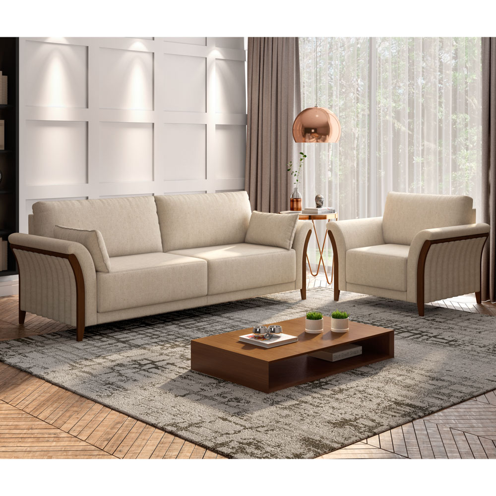 Kit Sofá Living 3 Lugares e Poltrona 102cm Pés Madeira Roya M22 Linho Cru - Mpozenato