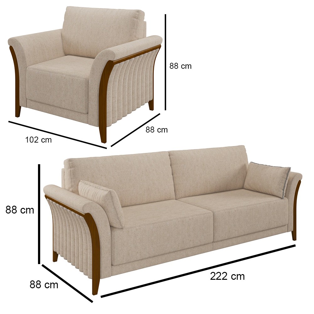 Kit Sofá Living 3 Lugares e Poltrona 102cm Pés Madeira Roya M22 Linho Cru - Mpozenato