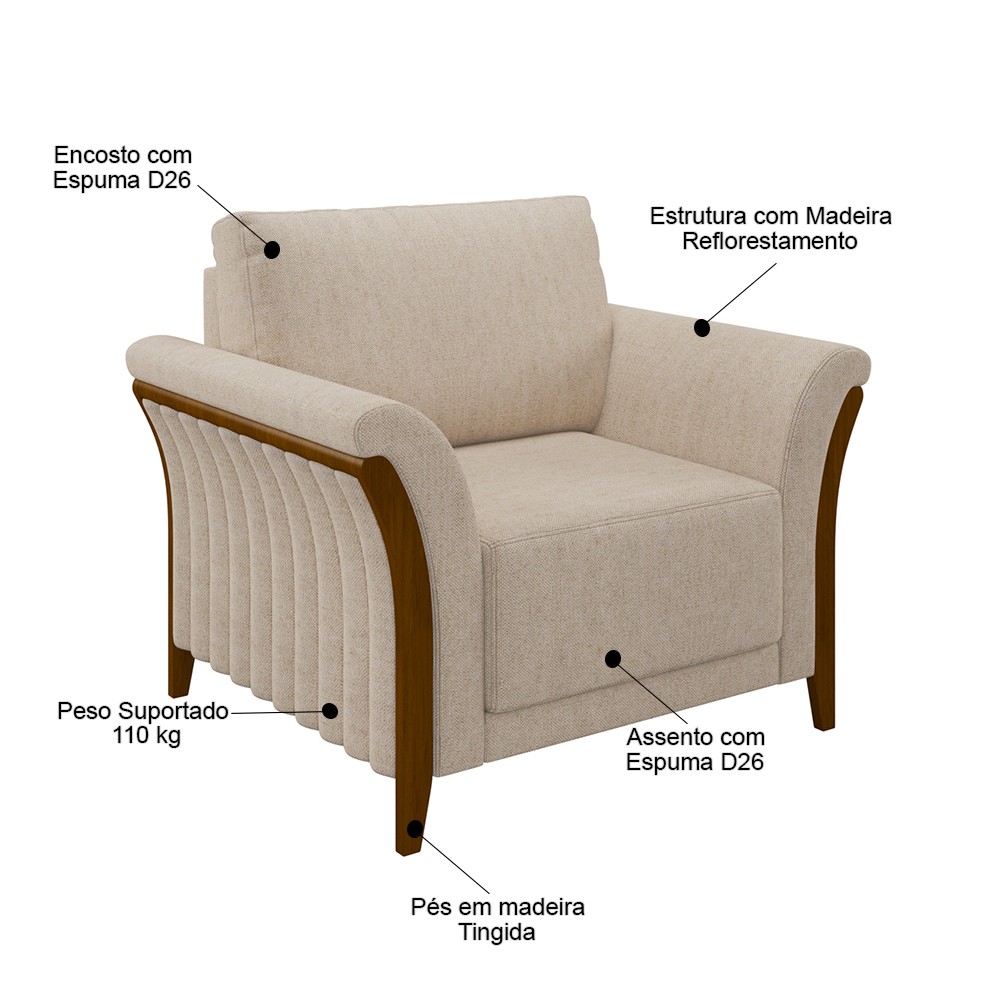 Kit Sofá Living 3 Lugares e Poltrona 102cm Pés Madeira Roya M22 Linho Cru - Mpozenato