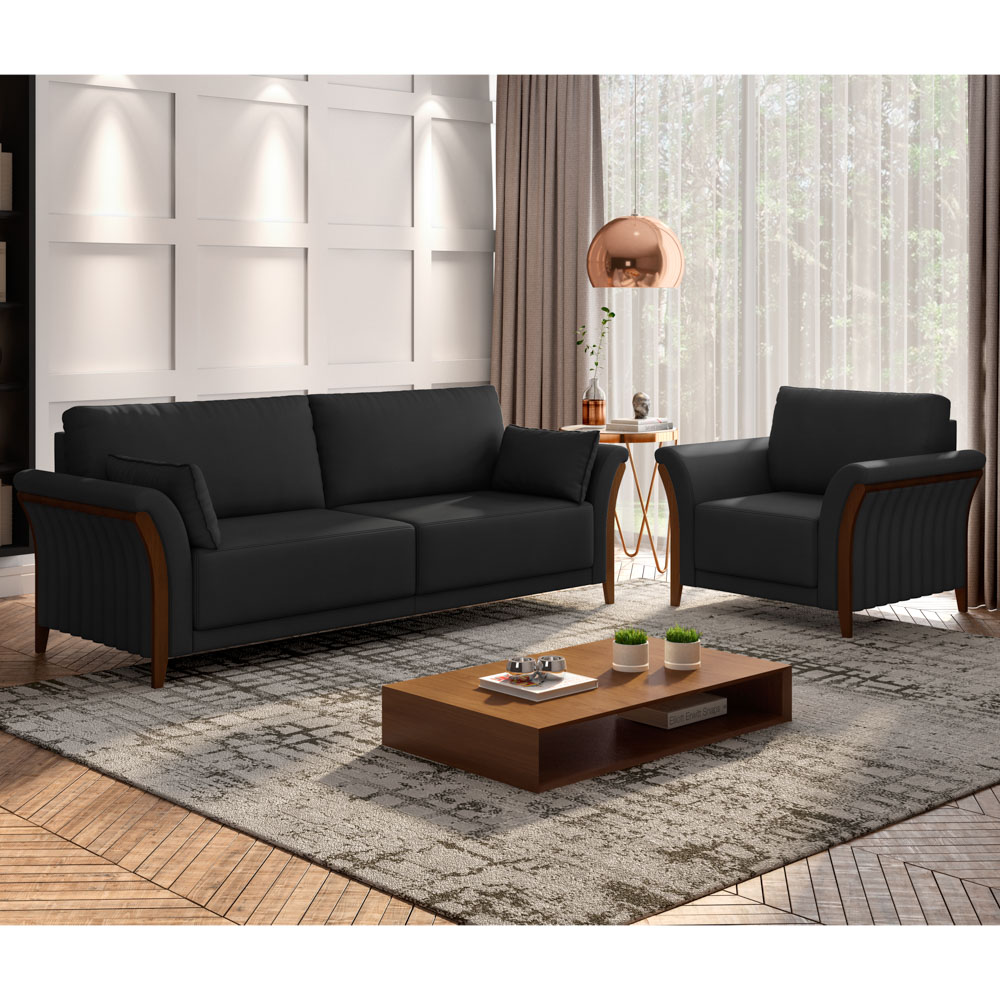 Kit Sofá Living 3 Lugares e Poltrona 102cm Pés Madeira Roya M22 PU Preto - Mpozenato