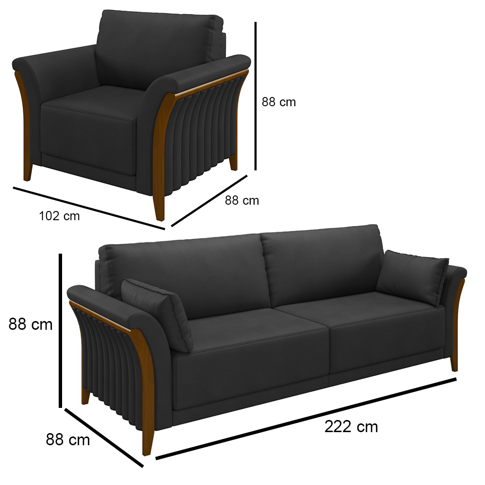 Kit Sofá Living 3 Lugares e Poltrona 102cm Pés Madeira Roya M22 PU Preto - Mpozenato