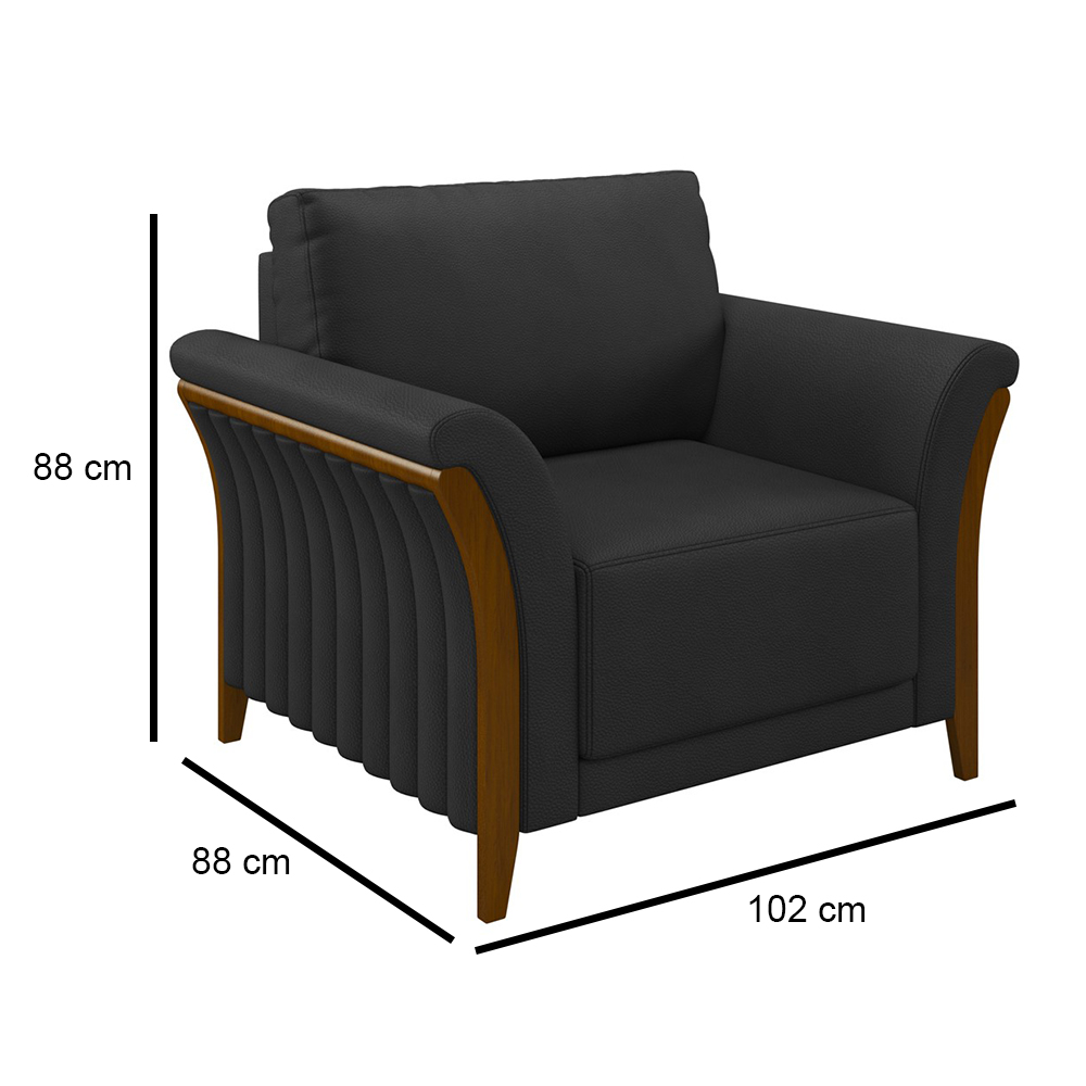 Kit Sofá Living 3 Lugares e Poltrona 102cm Pés Madeira Roya M22 PU Preto - Mpozenato