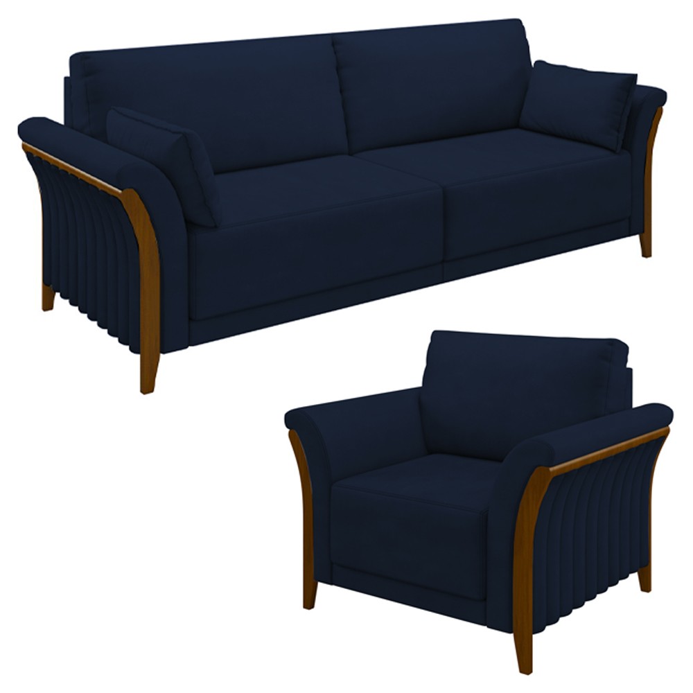 Kit Sofá Living 3 Lugares e Poltrona 102cm Pés Madeira Roya M22 Veludo Azul Marinho - Mpozenato