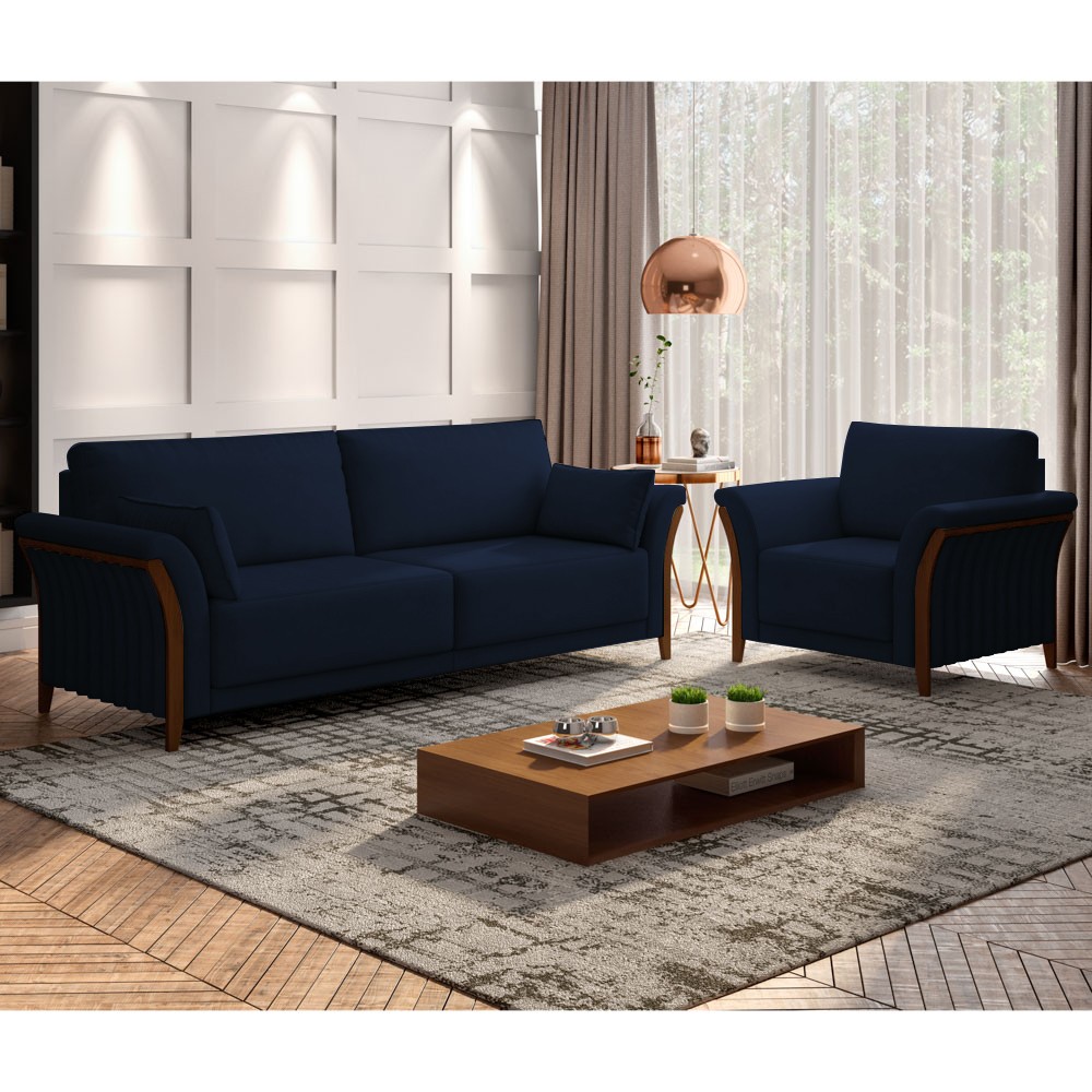 Kit Sofá Living 3 Lugares e Poltrona 102cm Pés Madeira Roya M22 Veludo Azul Marinho - Mpozenato