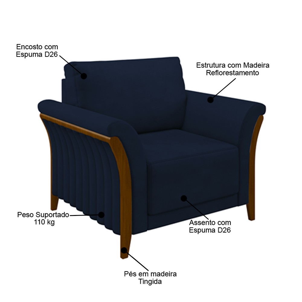Kit Sofá Living 3 Lugares e Poltrona 102cm Pés Madeira Roya M22 Veludo Azul Marinho - Mpozenato