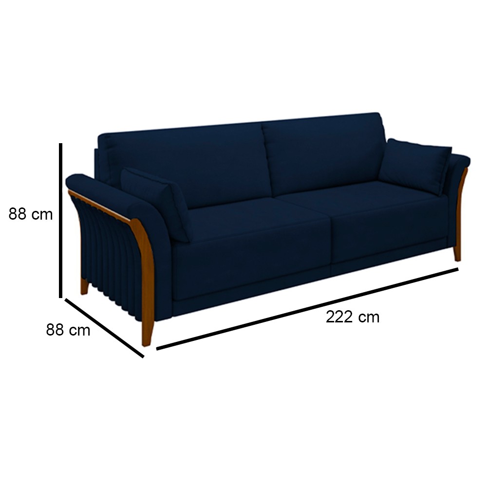 Kit Sofá Living 3 Lugares e Poltrona 102cm Pés Madeira Roya M22 Veludo Azul Marinho - Mpozenato