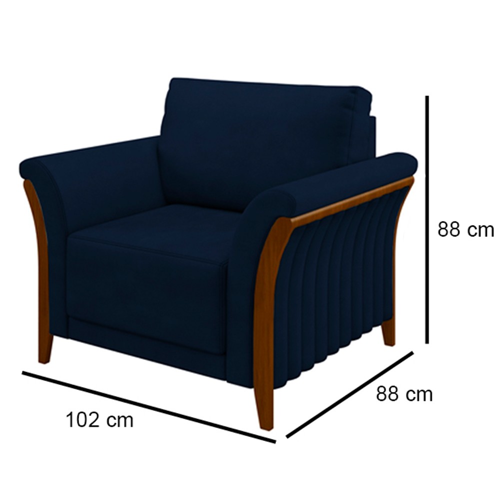 Kit Sofá Living 3 Lugares e Poltrona 102cm Pés Madeira Roya M22 Veludo Azul Marinho - Mpozenato