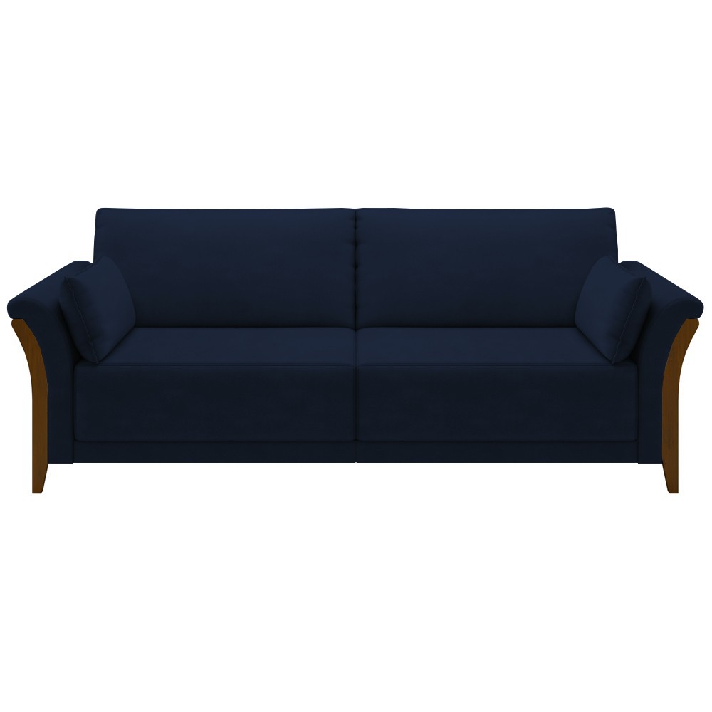 Kit Sofá Living 3 Lugares e Poltrona 102cm Pés Madeira Roya M22 Veludo Azul Marinho - Mpozenato