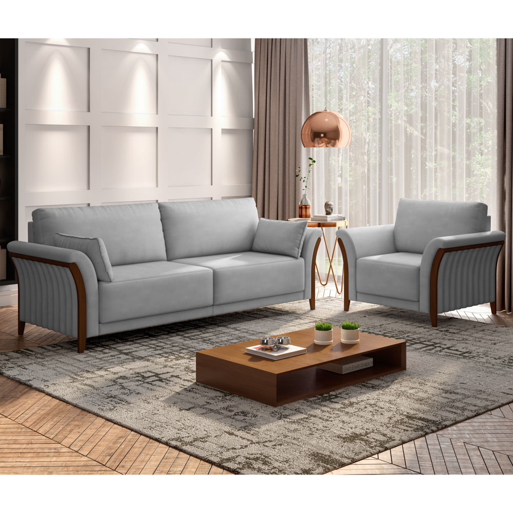 Kit Sofá Living 3 Lugares e Poltrona 102cm Pés Madeira Roya M22 Veludo Cinza - Mpozenato