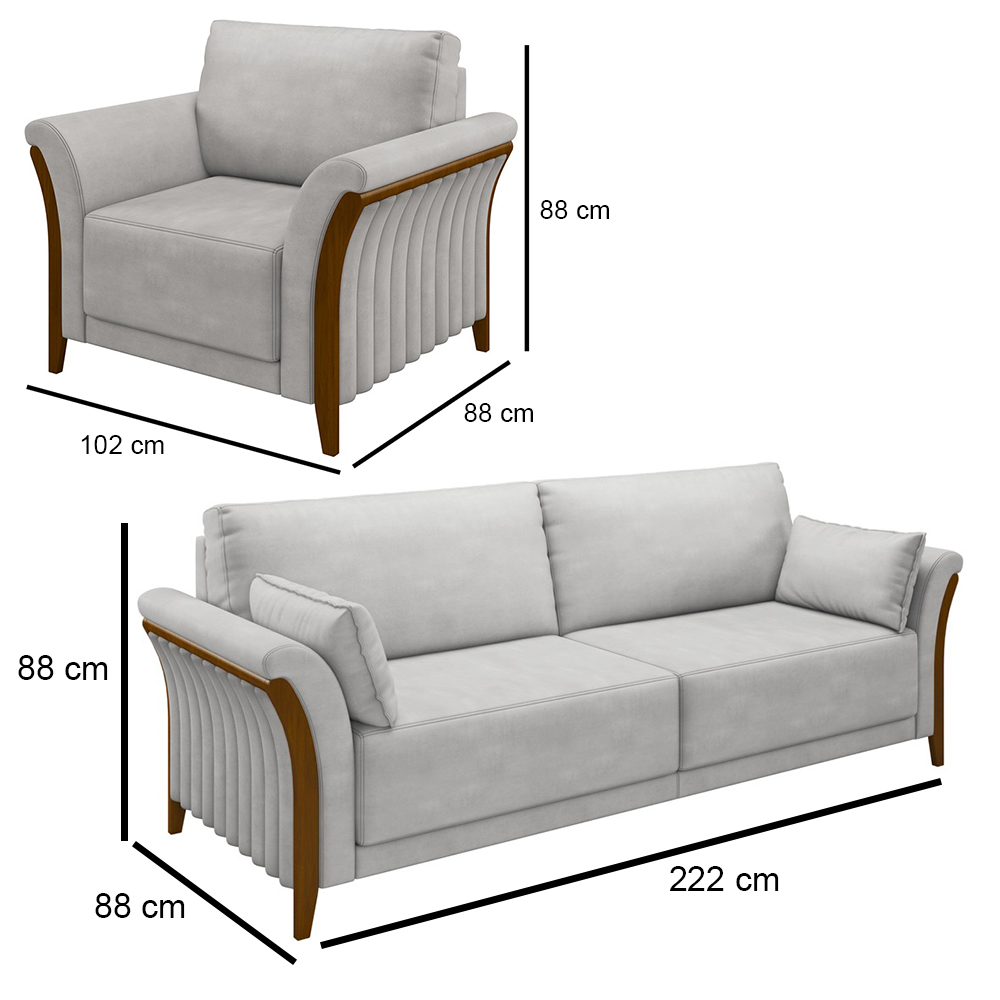 Kit Sofá Living 3 Lugares e Poltrona 102cm Pés Madeira Roya M22 Veludo Cinza - Mpozenato