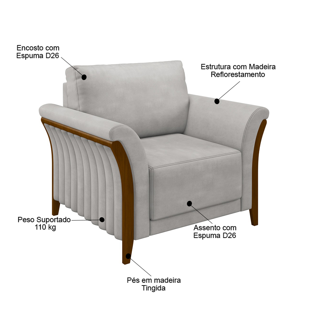 Kit Sofá Living 3 Lugares e Poltrona 102cm Pés Madeira Roya M22 Veludo Cinza - Mpozenato
