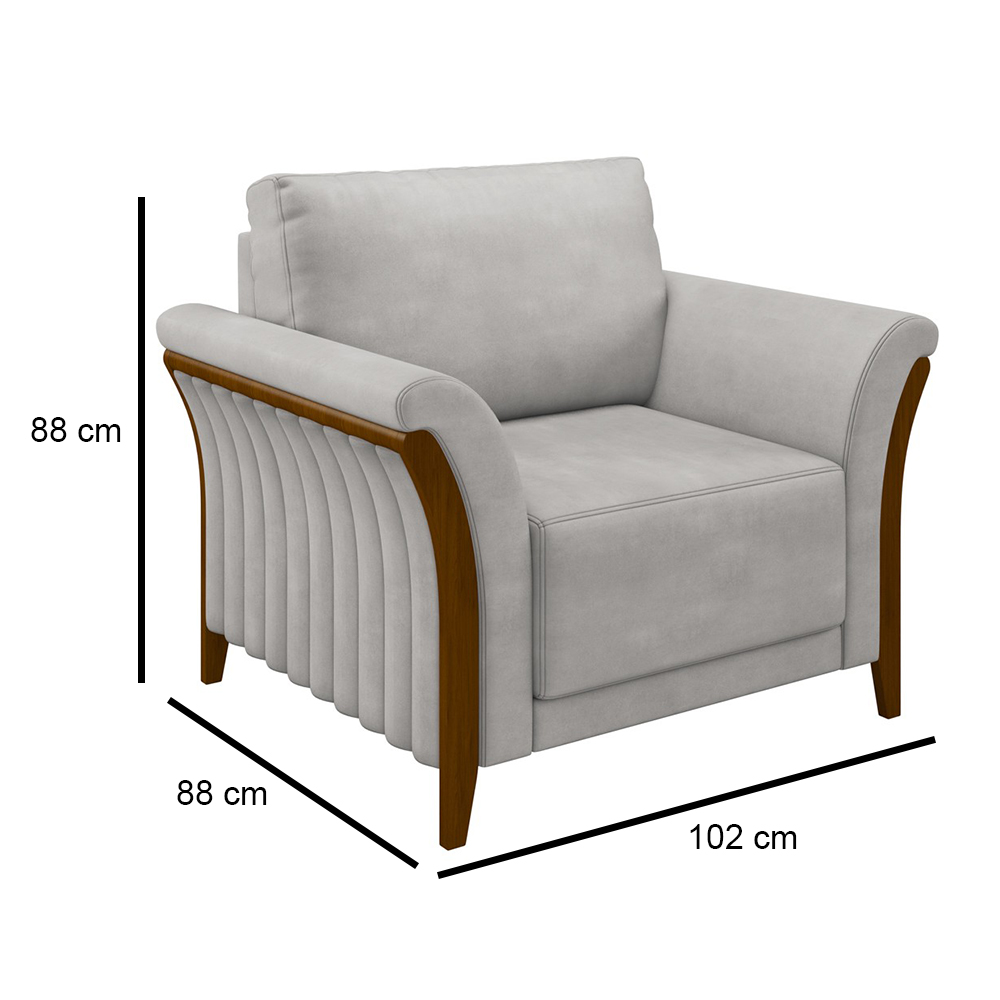 Kit Sofá Living 3 Lugares e Poltrona 102cm Pés Madeira Roya M22 Veludo Cinza - Mpozenato