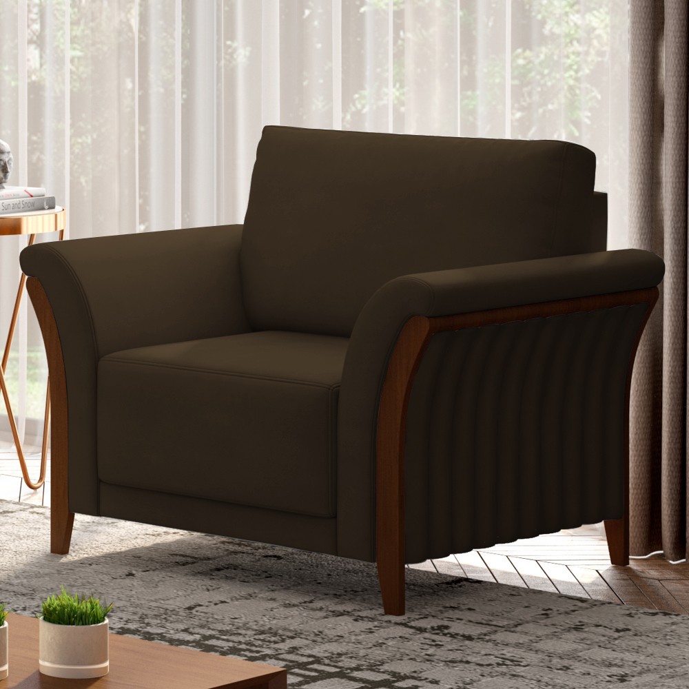 Kit Sofá Living 3 Lugares e Poltrona 102cm Pés Madeira Roya M22 Veludo Marrom - Mpozenato