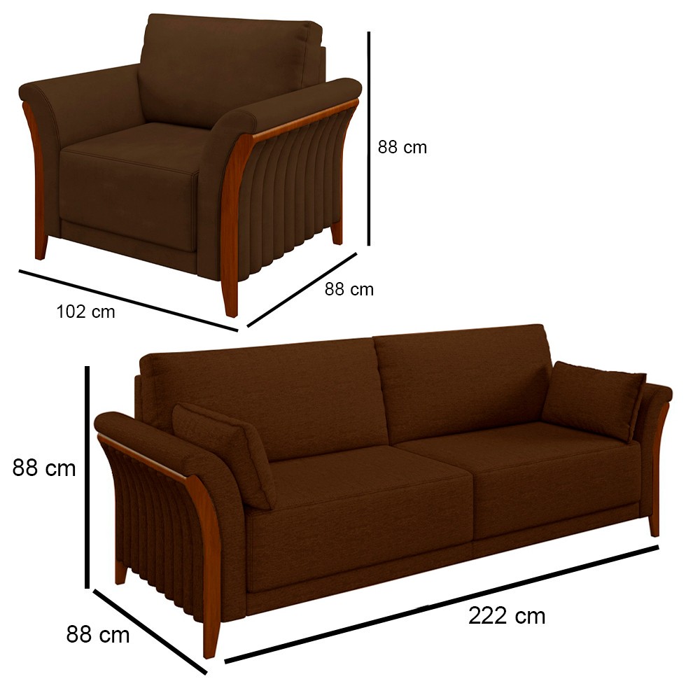 Kit Sofá Living 3 Lugares e Poltrona 102cm Pés Madeira Roya M22 Veludo Marrom - Mpozenato