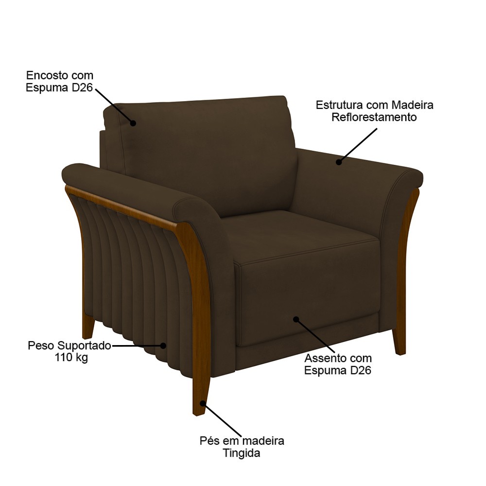Kit Sofá Living 3 Lugares e Poltrona 102cm Pés Madeira Roya M22 Veludo Marrom - Mpozenato