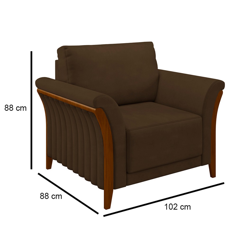 Kit Sofá Living 3 Lugares e Poltrona 102cm Pés Madeira Roya M22 Veludo Marrom - Mpozenato