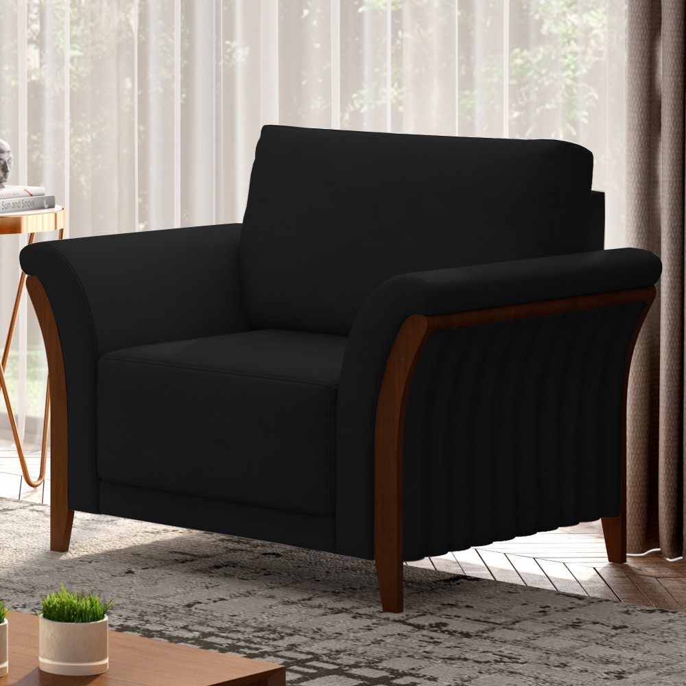 Kit Sofá Living 3 Lugares e Poltrona 102cm Pés Madeira Roya M22 Veludo Preto - Mpozenato
