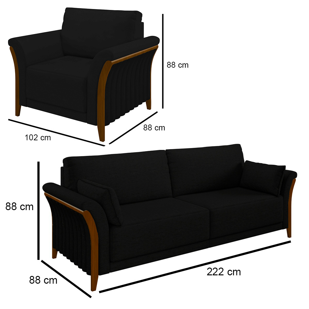 Kit Sofá Living 3 Lugares e Poltrona 102cm Pés Madeira Roya M22 Veludo Preto - Mpozenato