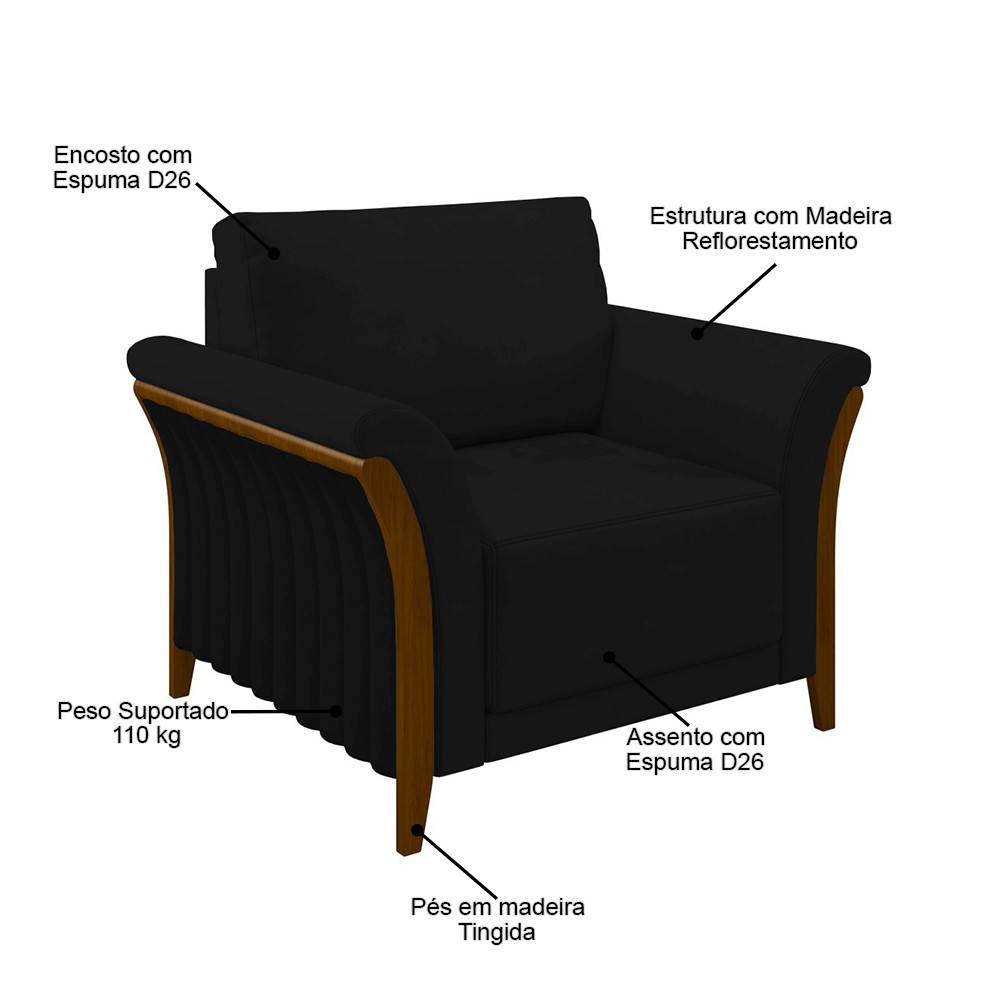Kit Sofá Living 3 Lugares e Poltrona 102cm Pés Madeira Roya M22 Veludo Preto - Mpozenato
