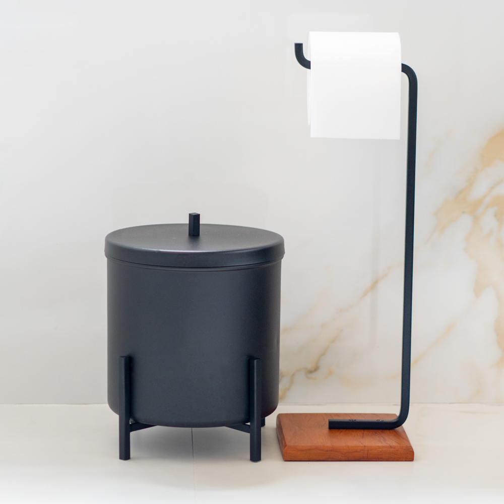 Lixeira e Porta Papel Higiênico com Base de Madeira Glam D09 Preto - Mpozenato