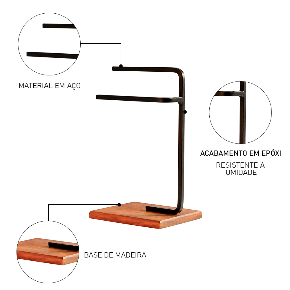 Lixeira e Porta Toalha Glam com Base de Madeira D09 Preto - Mpozenato