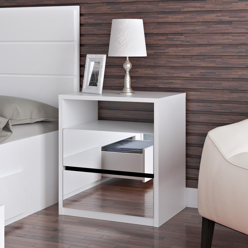 Mesa De Cabeceira Espelhada 2 Gavetas E Nicho Blank F04 Branco - Mpozenato
