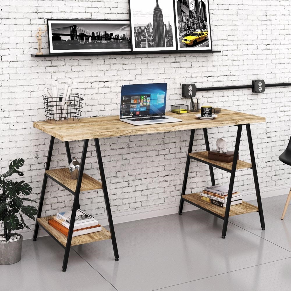Mesa Escrivaninha Cavalete 150cm Estilo Industrial Prisma C08 Carvalho/Preto - Mpozenato