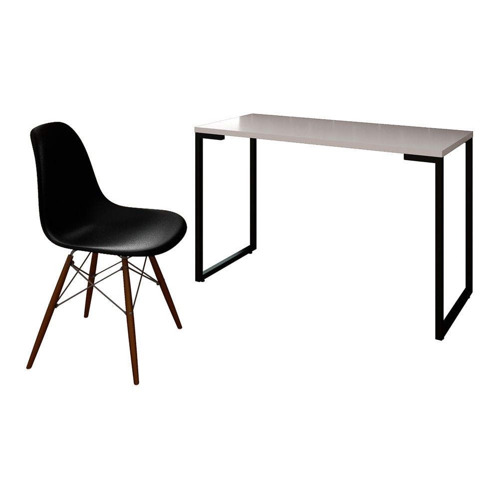 Mesa Escrivaninha Fit Industrial 120cm Branco e Cadeira Charles Design FT1 Preta - Mpozenato