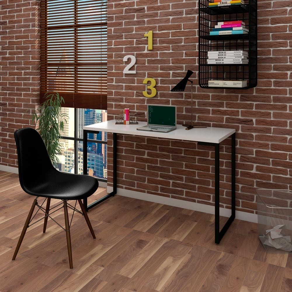 Mesa Escrivaninha Fit Industrial 120cm Branco e Cadeira Charles Design FT1 Preta - Mpozenato