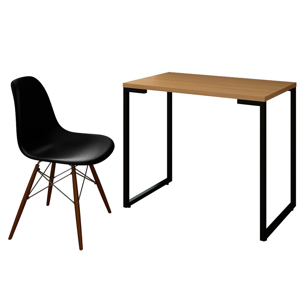 Mesa Escrivaninha Fit Industrial 90cm Natura e Cadeira Charles Design FT1 Preta - Mpozenato