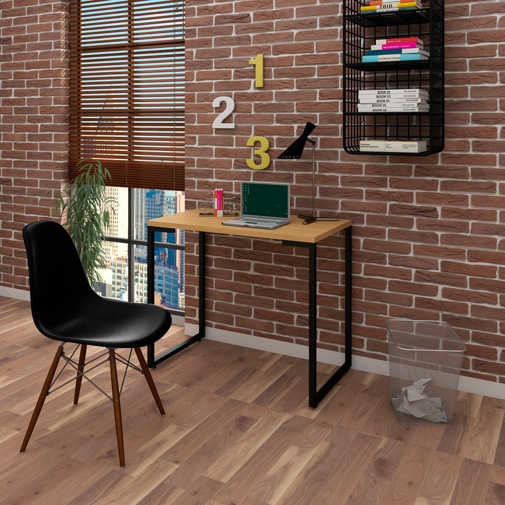 Mesa Escrivaninha Fit Industrial 90cm Natura e Cadeira Charles Design FT1 Preta - Mpozenato