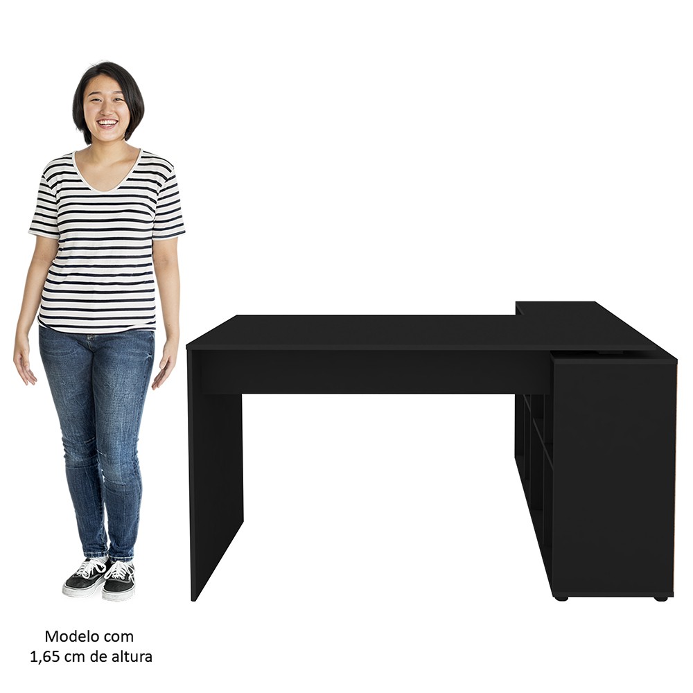 Mesa Escrivaninha em L Eron e Estante Livreiro Stela A06 Preto - Mpozenato