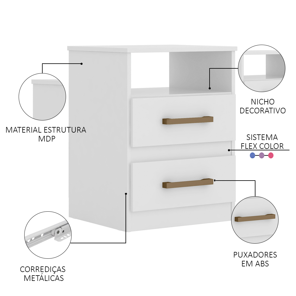 Mesa de Cabeceira Ares Flex Z17 Branco/Rosa/Azul/Lilás - Mpozenato