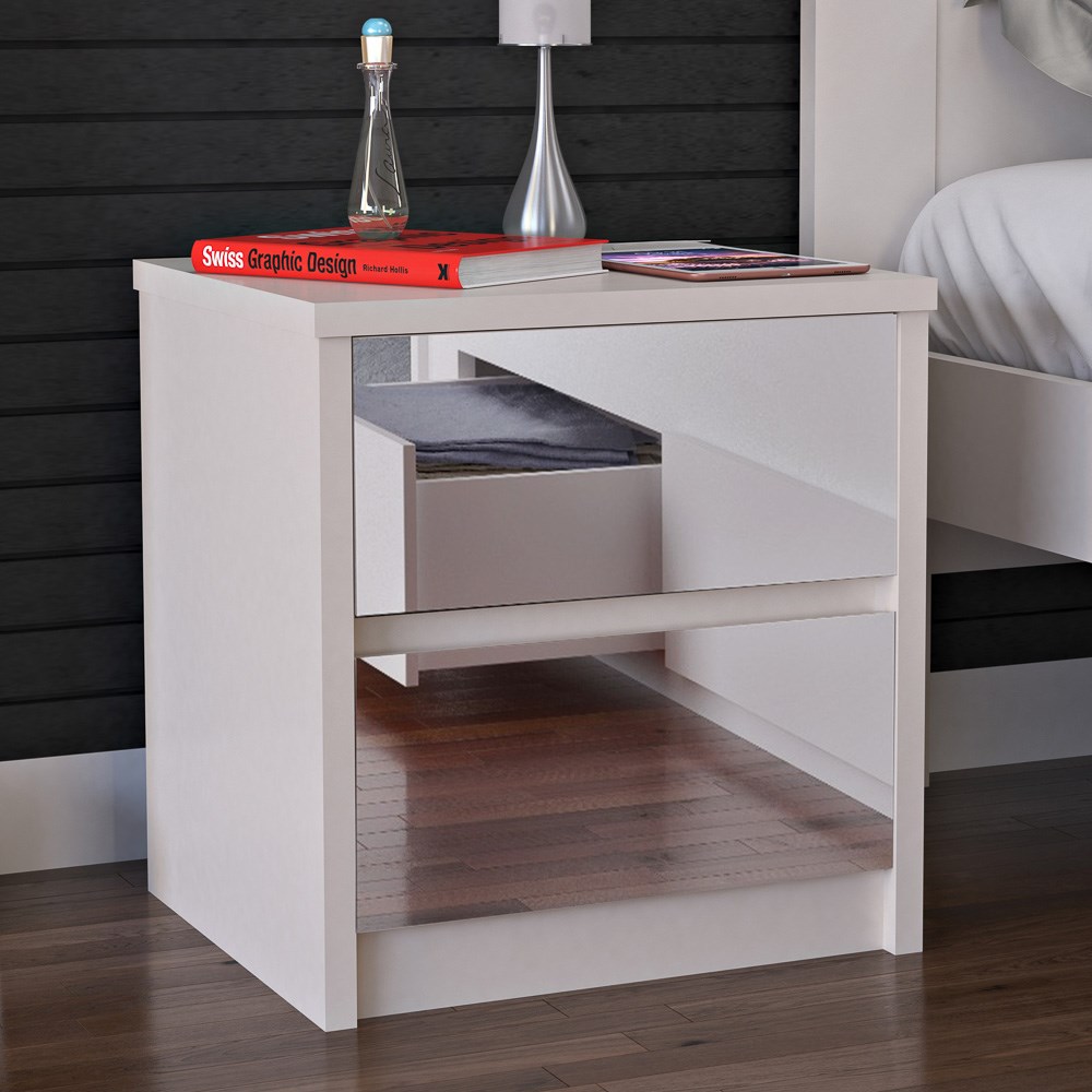 Mesa de Cabeceira Espelhada 2 Gavetas Blank F04 Branco - Mpozenato
