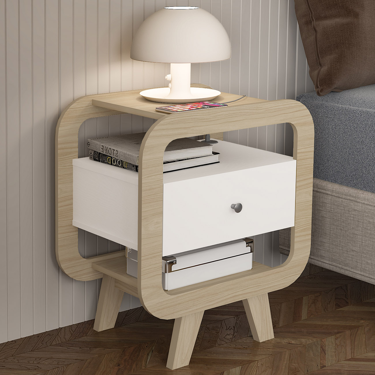 Mesa de Canto Lateral 55cm Para Quarto Nora Naturale/Branco A09 - Mpozenato