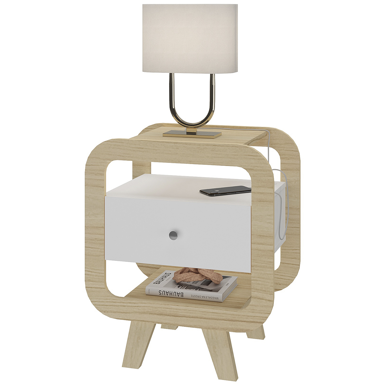 Mesa de Canto Lateral 55cm Para Quarto Nora Naturale/Branco A09 - Mpozenato