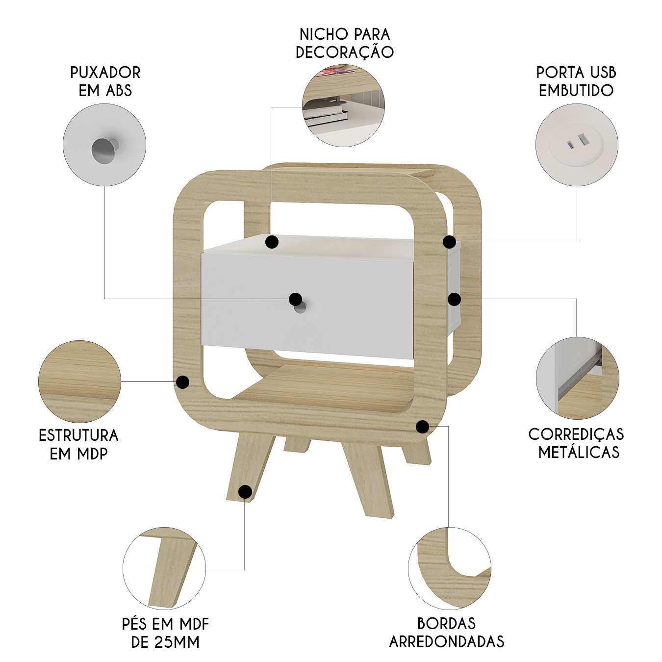 Mesa de Canto Lateral 55cm Para Quarto Nora Naturale/Branco A09 - Mpozenato