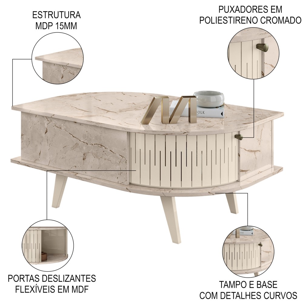 Mesa de Centro Moderna para Sala 90cm Indy Z10 Calacata/Off White - Mpozenato